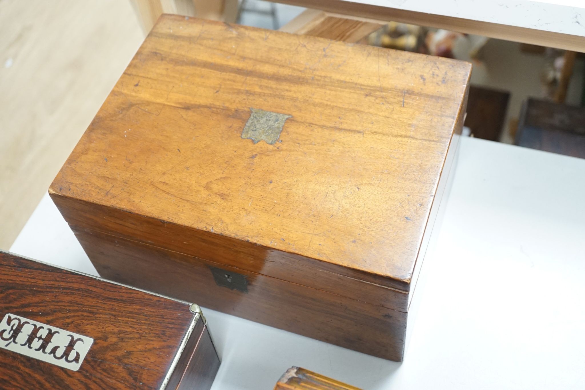 Two Victorian tea caddies, writing slope and an Edwardian inlaid tea tray, 56.5cm